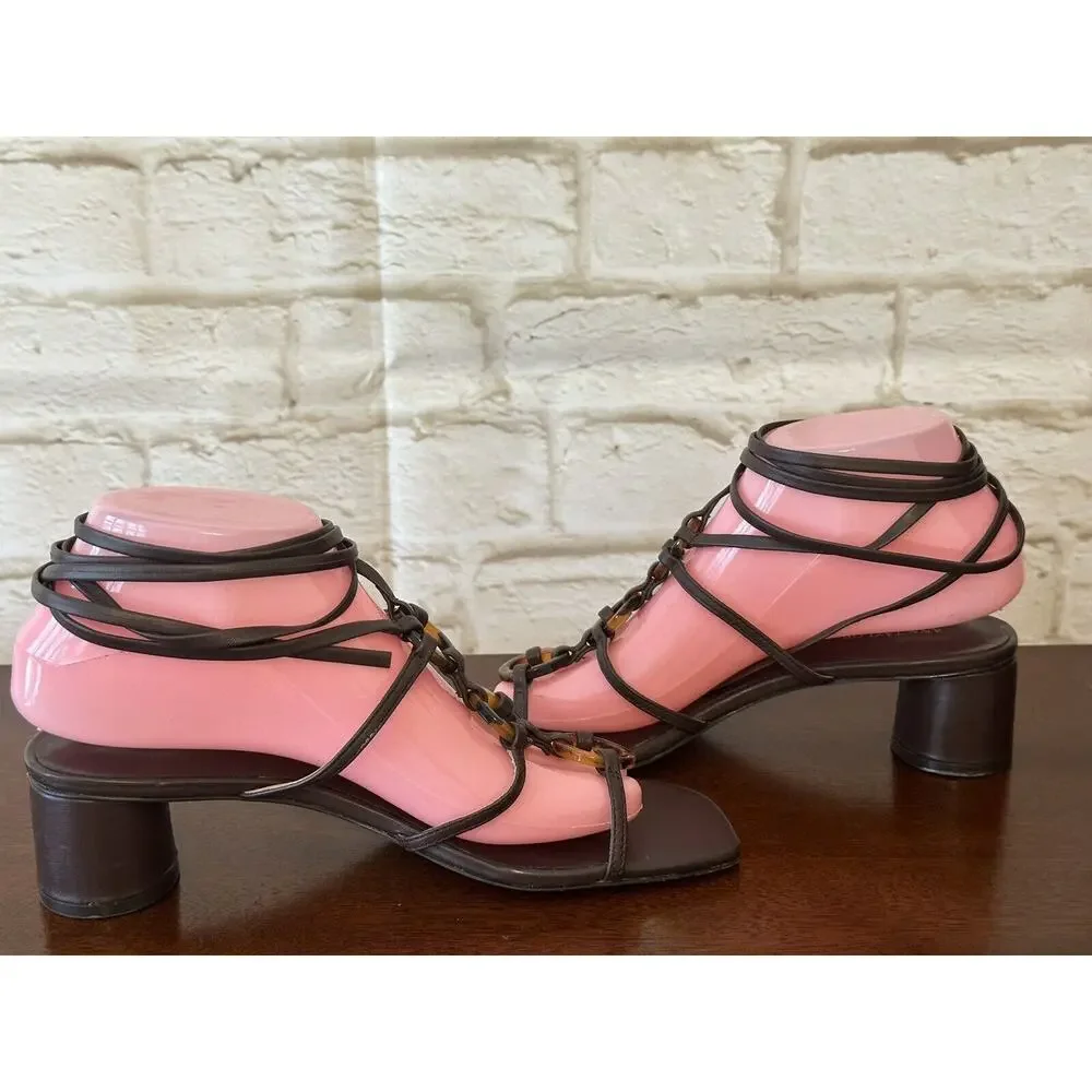 Ann Taylor Ruby Tortoiseshell Print Ring Leather Wrap Block Heel‎ Sandals 7.5M